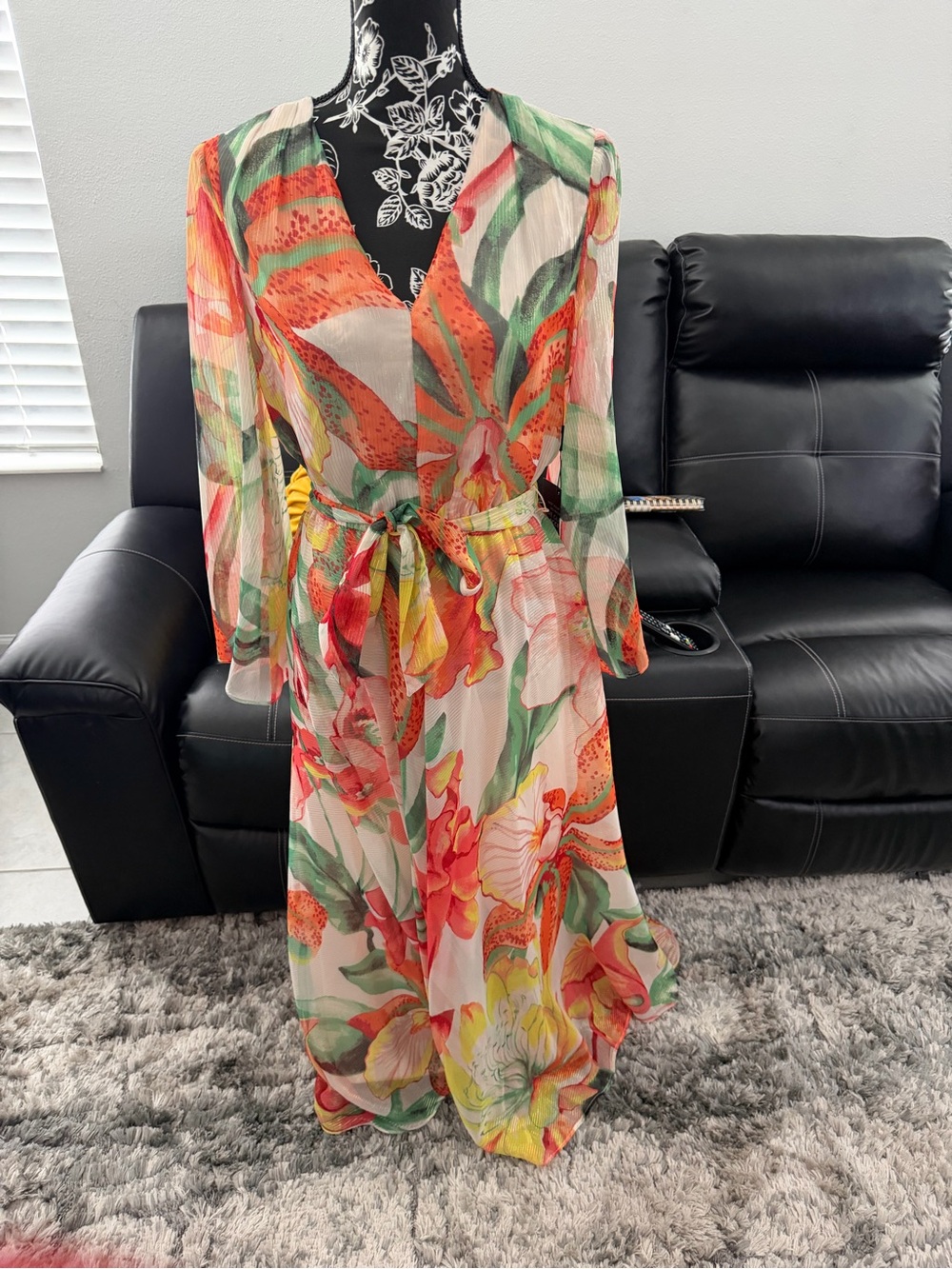 White House Black Market Floral Sheer Wrap Maxi Dress - Green/Orange/Yellow/Pink